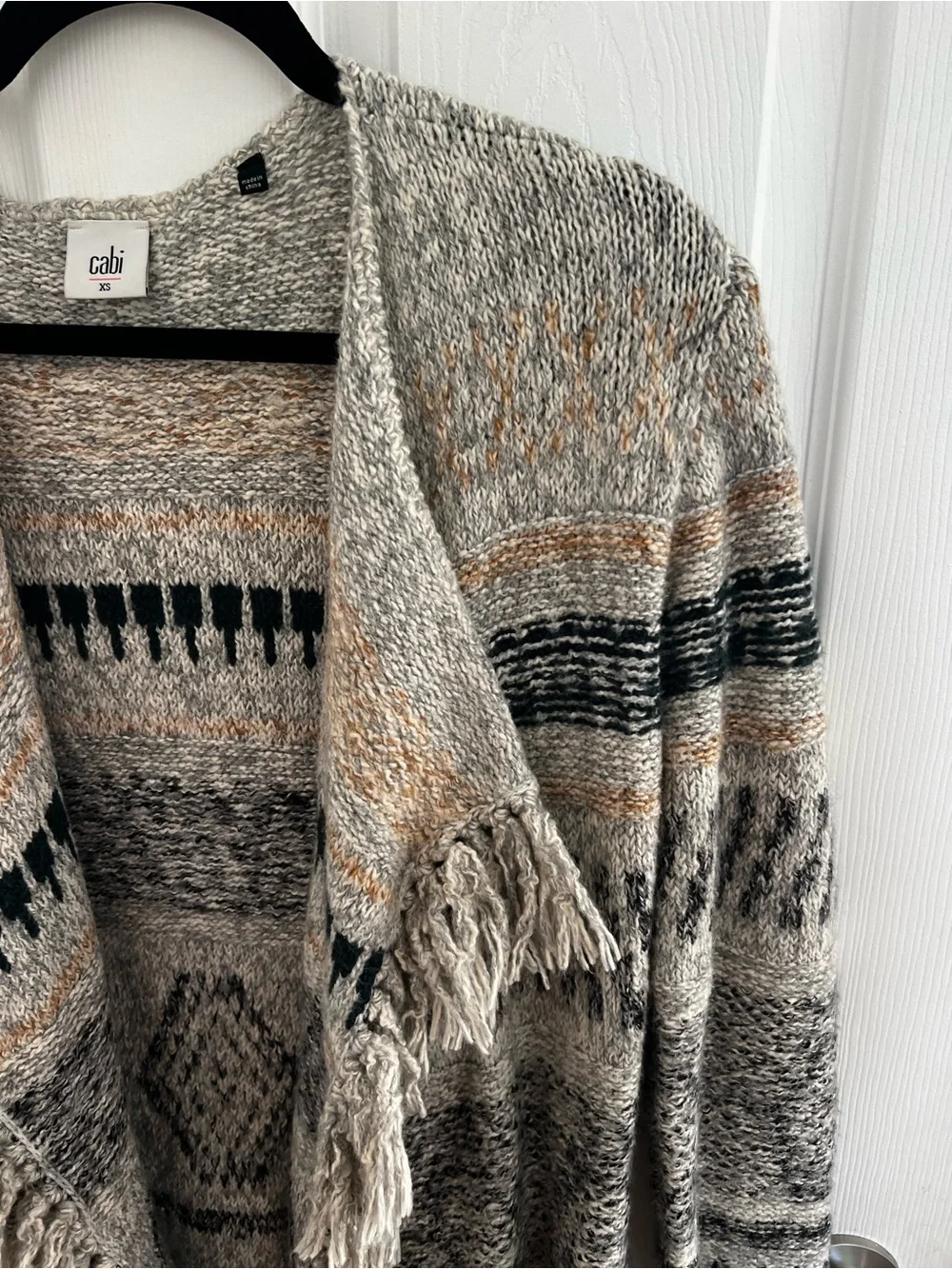 CAbi Gray and Beige Fringed Open-Front Knit Cardigan